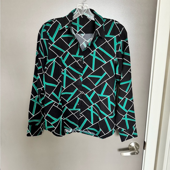 Long Sleeve Green, Black, White Print Button Up Blouse - Picture 1 of 6